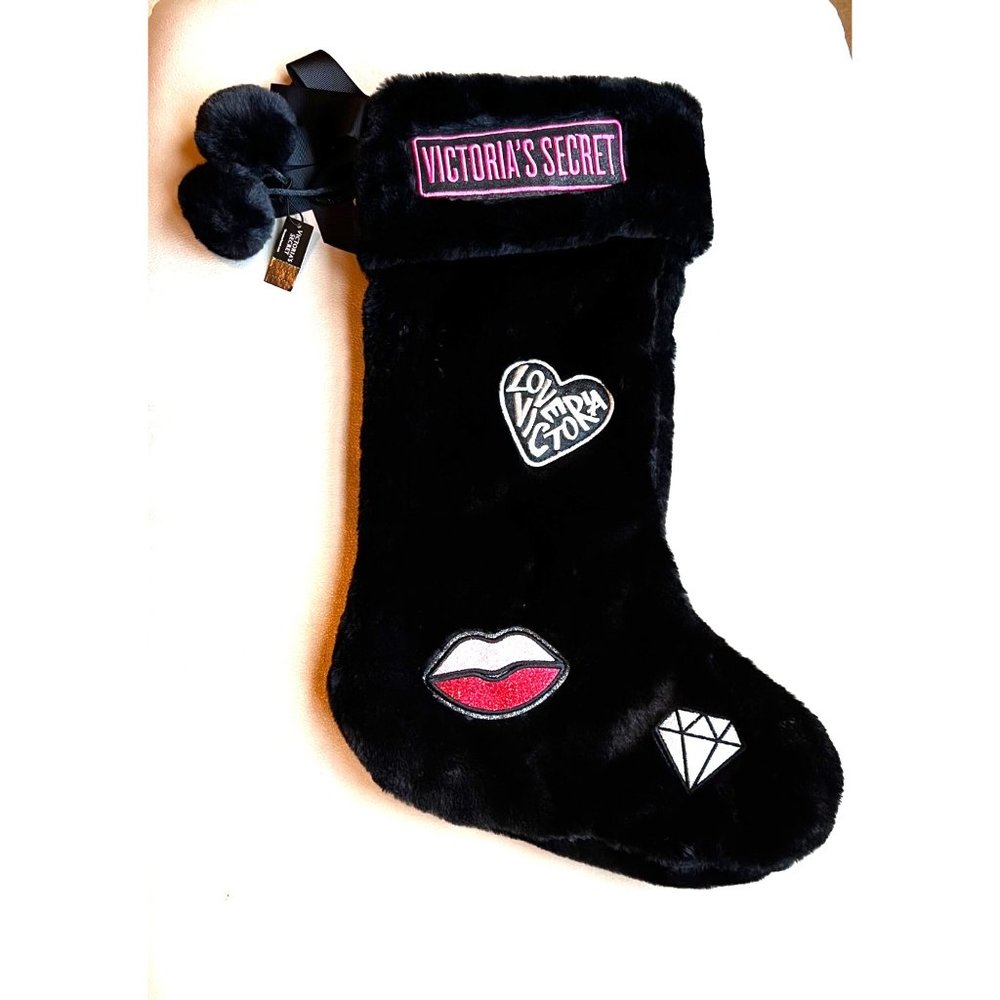 Victoria Secret Black Christmas Stocking Pom Pom Diamond Lips Plush Patch Heart